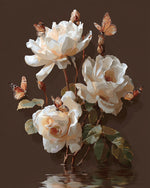 White roses and butterflies on brown background cross stitch kit for beginners