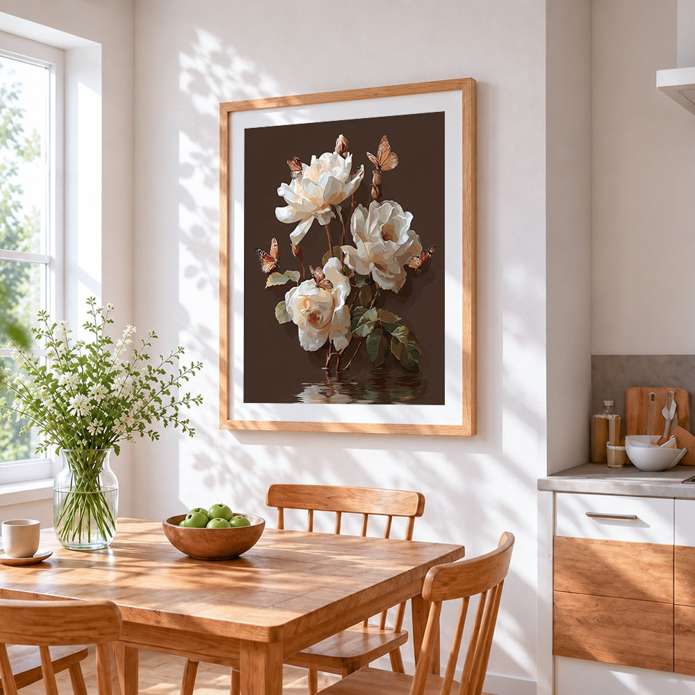 White roses and butterflies on brown background cross stitch artwork displayed on wall as home decor