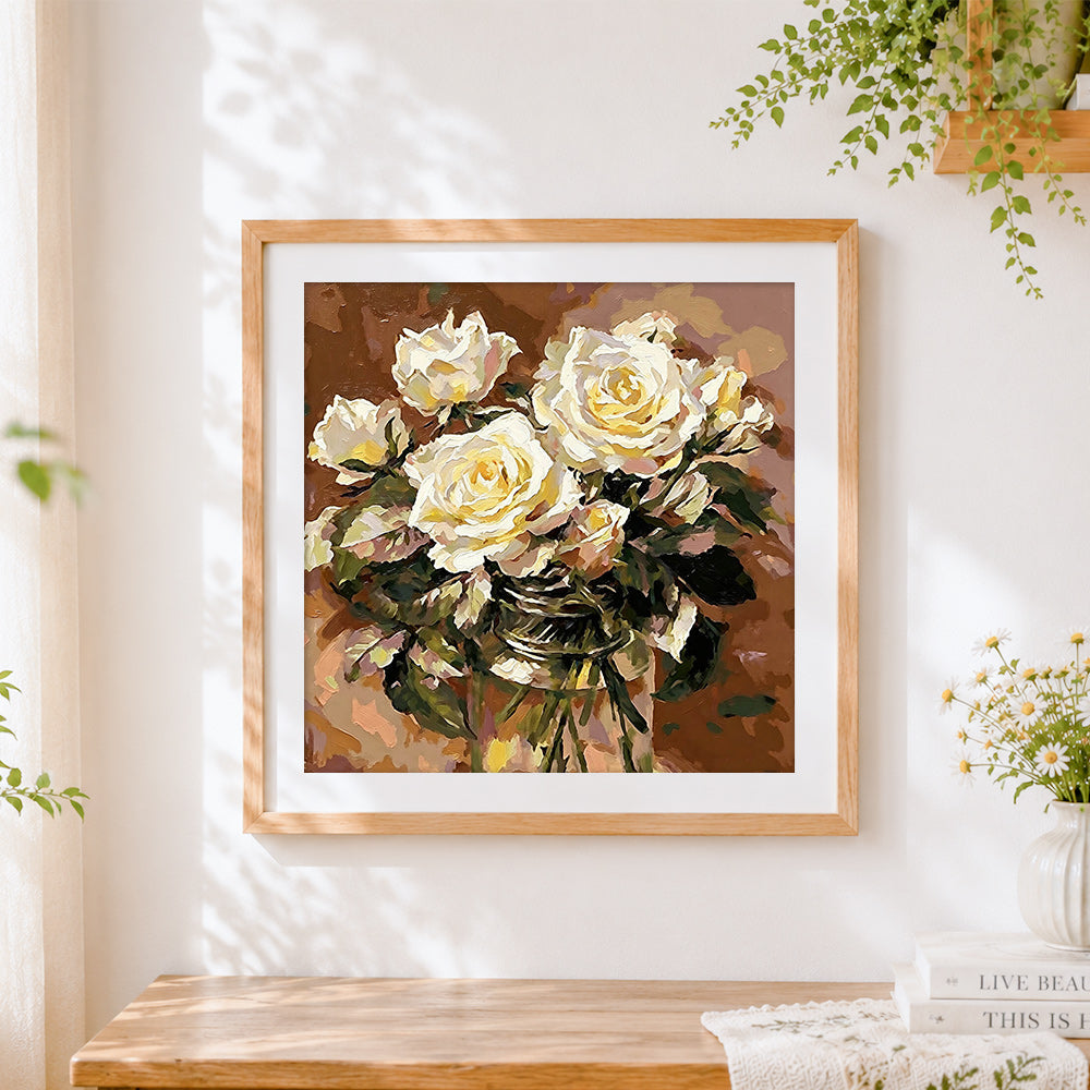 Finished white roses cross stitch artwork displayed