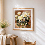 White roses cross stitch artwork displayed on wall as home decor