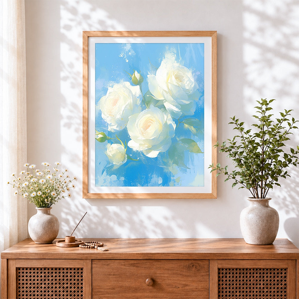 Finished white roses on blue background cross stitch artwork displayed