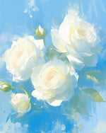 White roses on blue background cross stitch kit for beginners