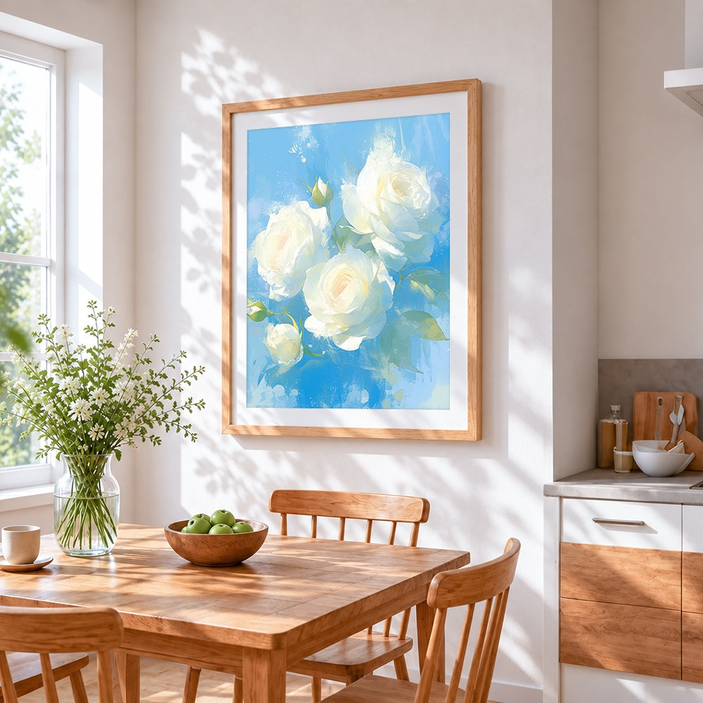 White roses on blue background cross stitch artwork displayed on wall as home decor