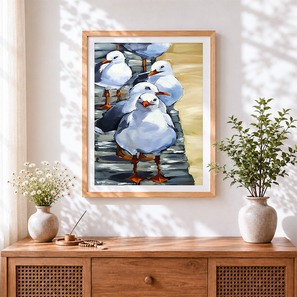 Finished white seagull pack cross stitch artwork displayed