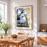 White seagull pack cross stitch artwork displayed on wall as home decor