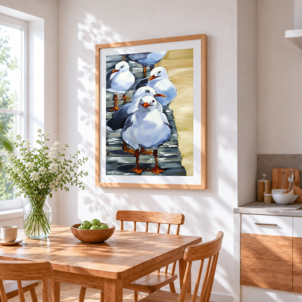 White seagull pack cross stitch artwork displayed on wall as home decor