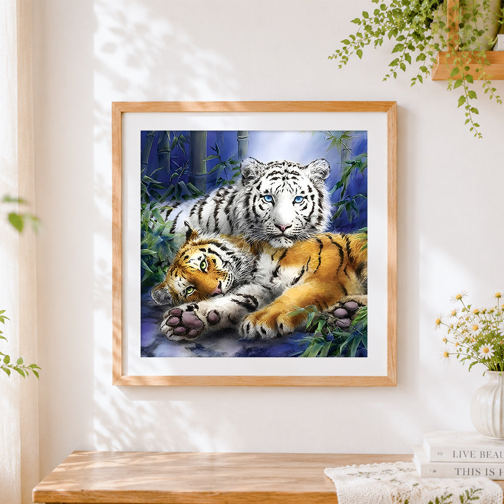 Finished white tiger and bengal tiger in bamboo forest cross stitch artwork displayed