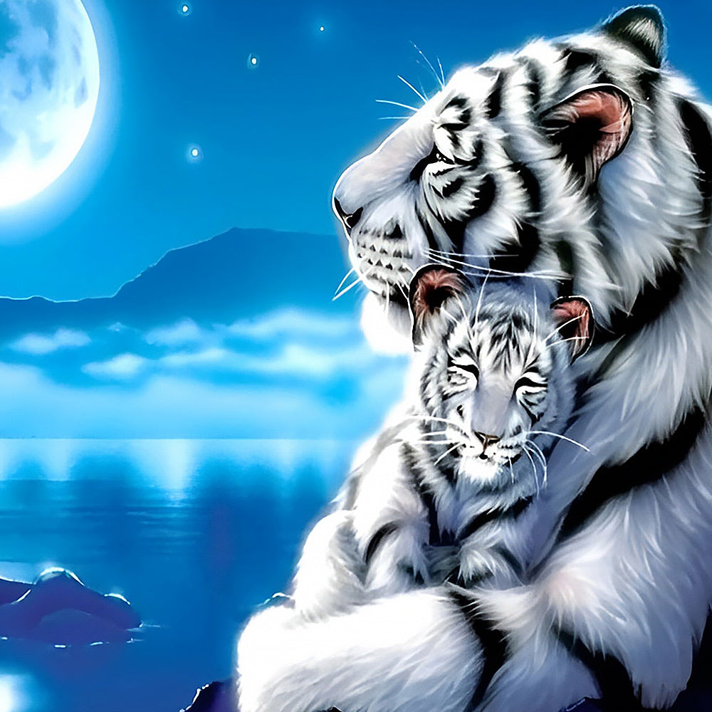 White tiger and cub under the moon cross stitch kit for beginners