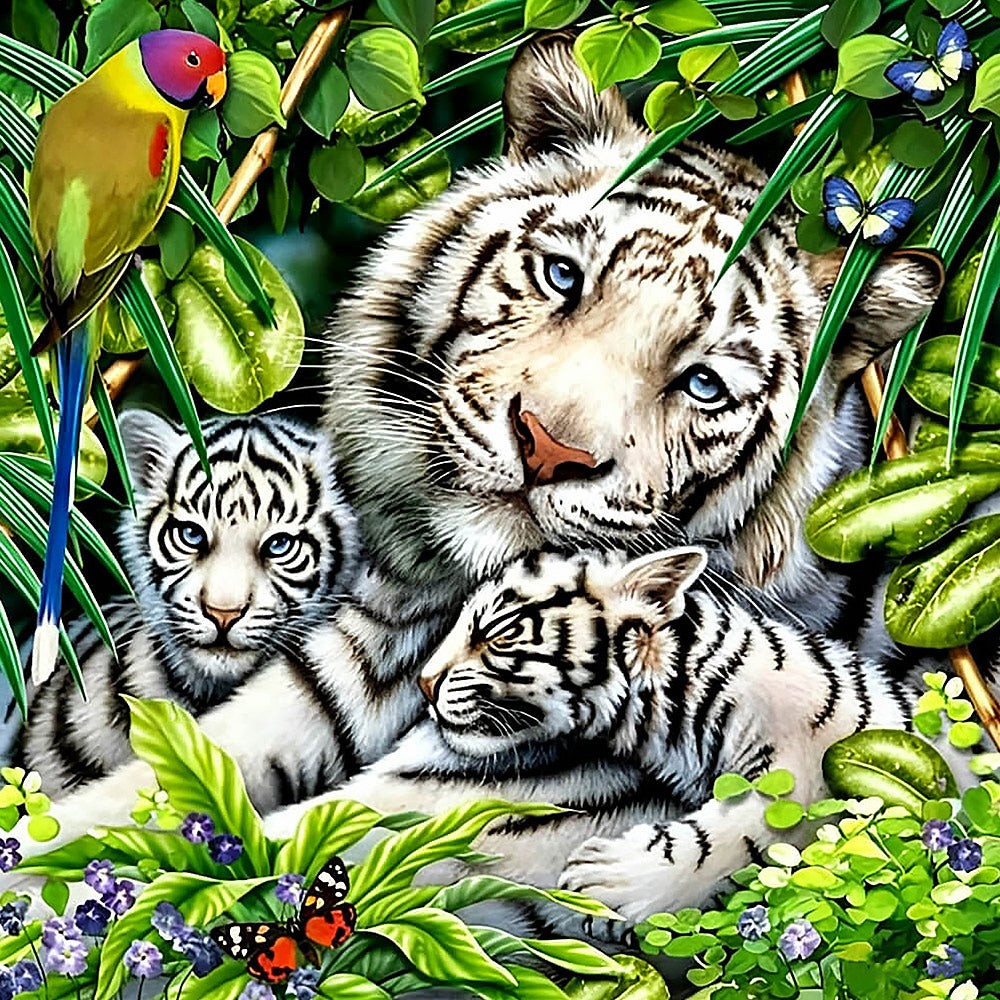 White tiger family in tropical jungle cross stitch kit for beginners