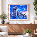Finished white tiger family under aurora cross stitch artwork displayed