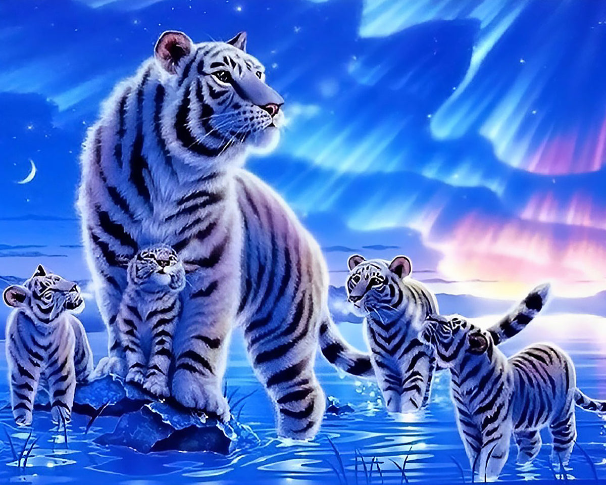 White tiger family under aurora cross stitch kit for beginners