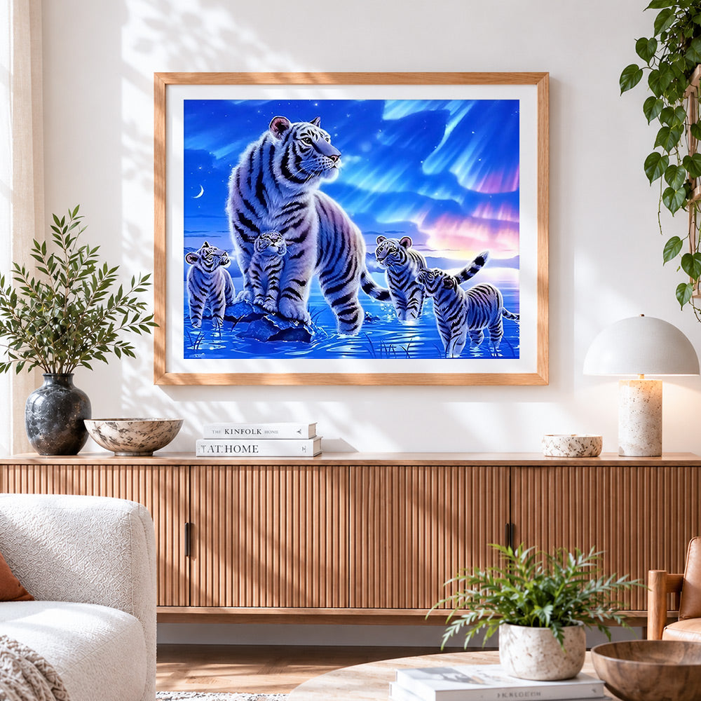 Finished white tiger family under aurora paint by numbers artwork displayed as home decor