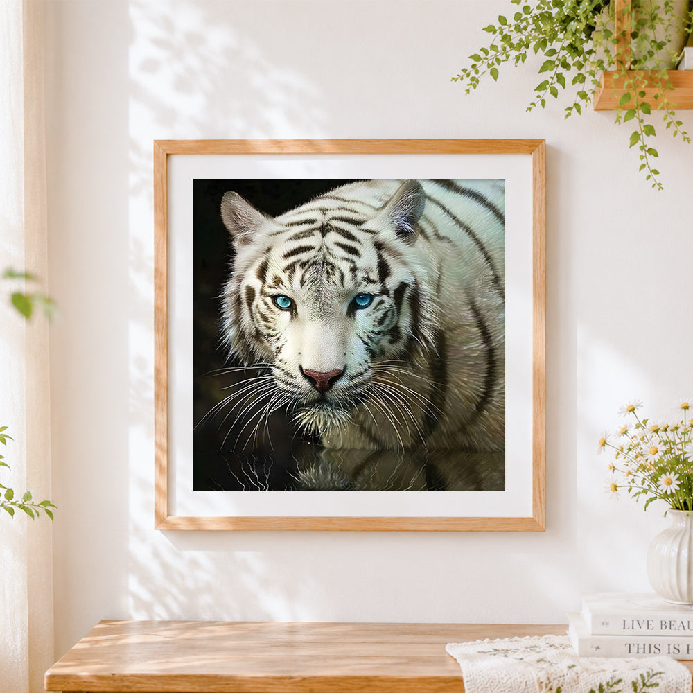 Finished white tiger walking in water cross stitch artwork displayed