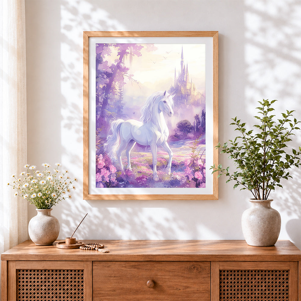 Finished white unicorn before castle cross stitch artwork displayed
