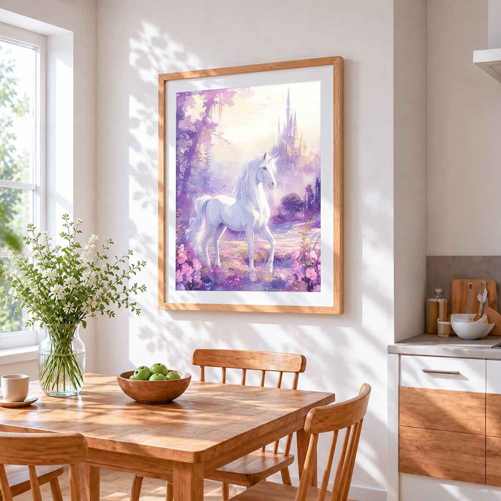 White unicorn before castle cross stitch artwork displayed on wall as home decor