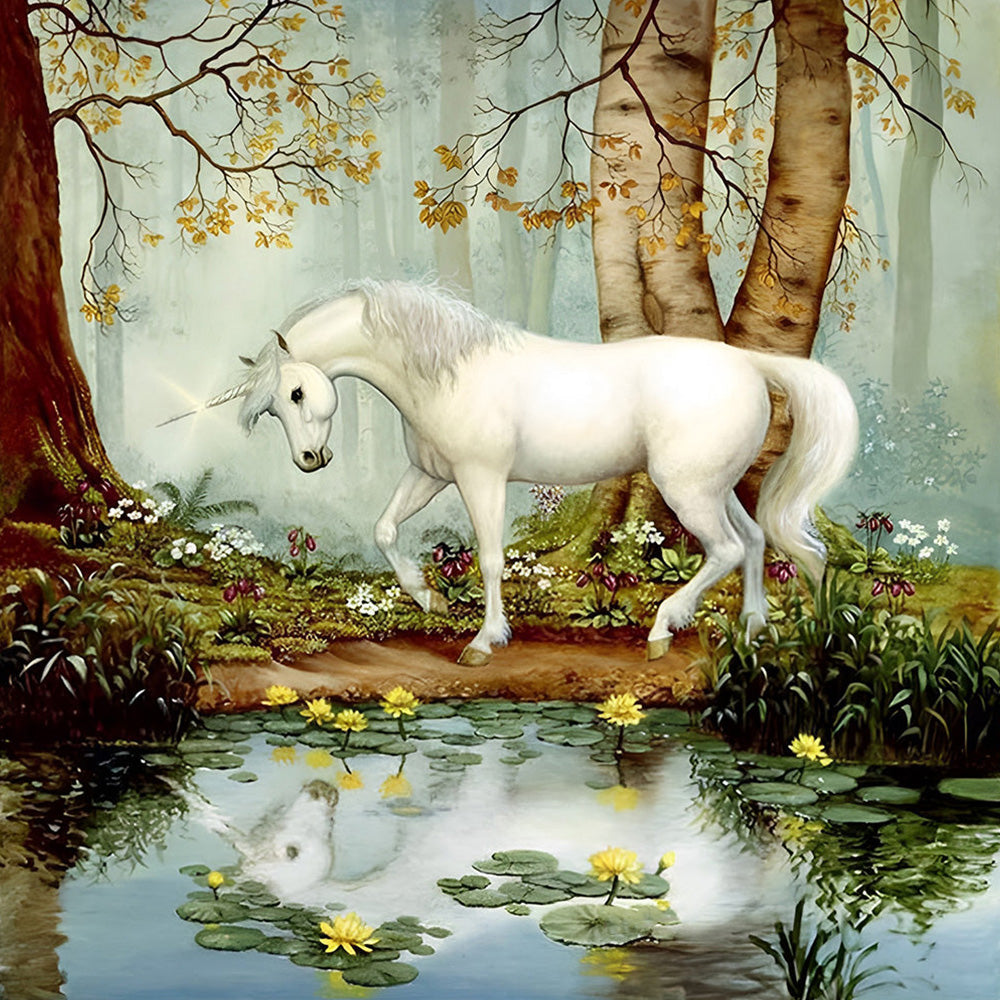 White unicorn by a forest pond cross stitch kit for beginners