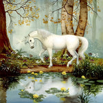 White unicorn by a forest pond cross stitch kit for beginners