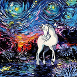 White unicorn in a starry night cross stitch kit for beginners