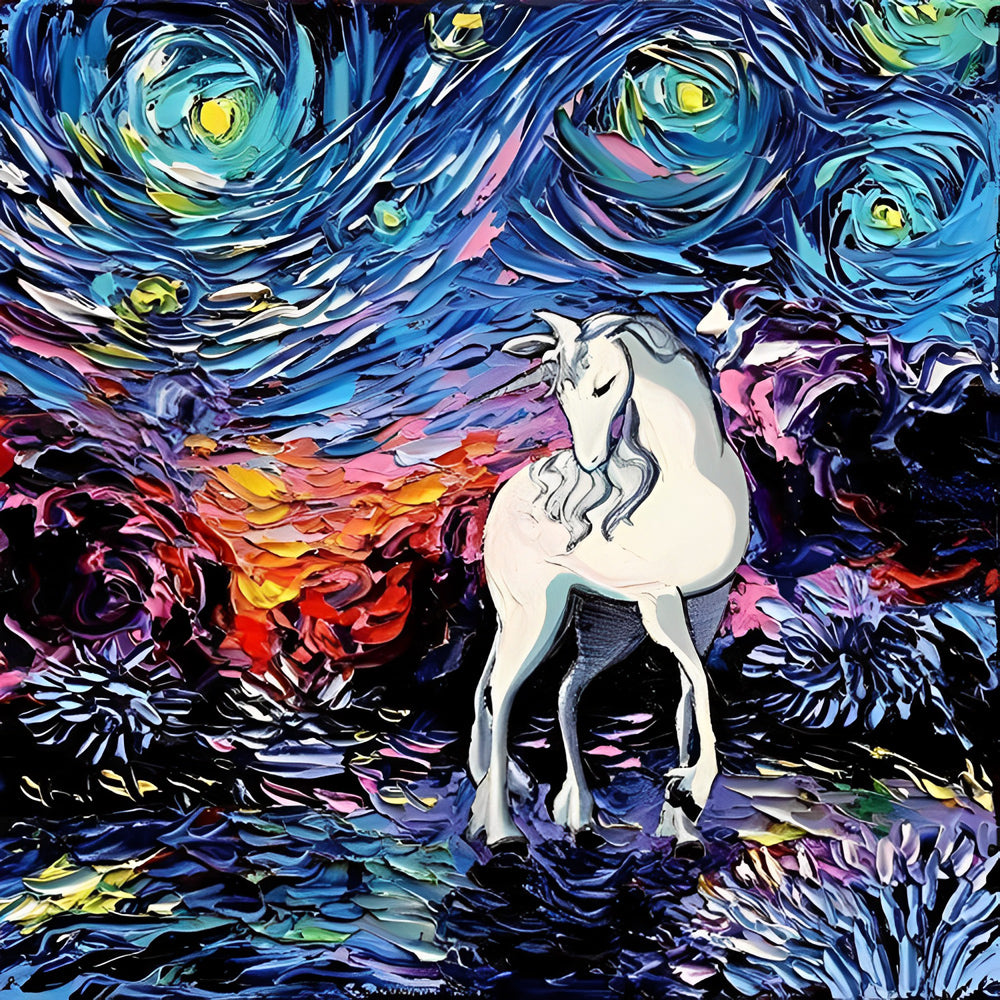 White unicorn in a starry night cross stitch kit for beginners