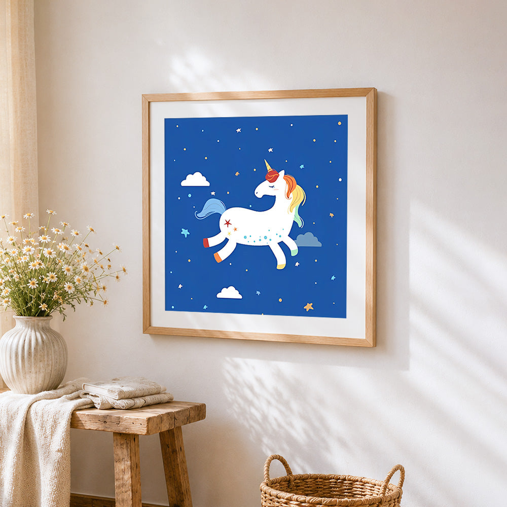 White unicorn with colourful mane cross stitch artwork displayed on wall as home decor