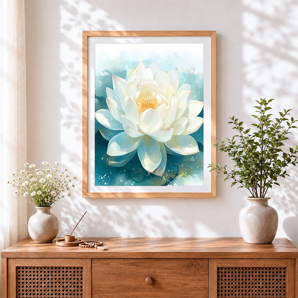 Finished white water lily cross stitch artwork displayed