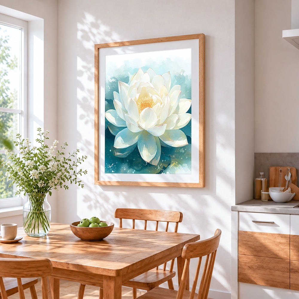 White water lily cross stitch artwork displayed on wall as home decor