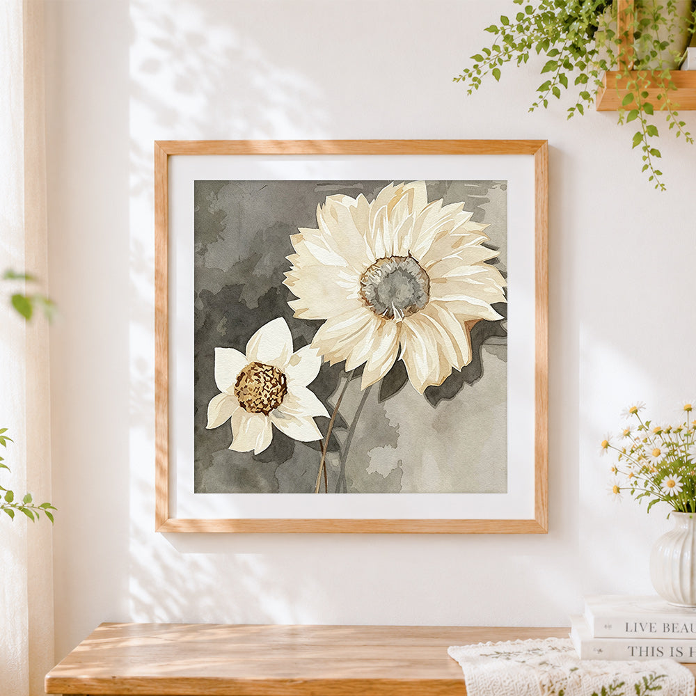 Finished white watercolour sunflowers cross stitch artwork displayed