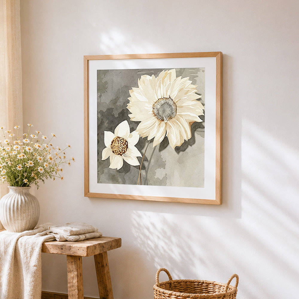 White watercolour sunflowers cross stitch artwork displayed on wall as home decor