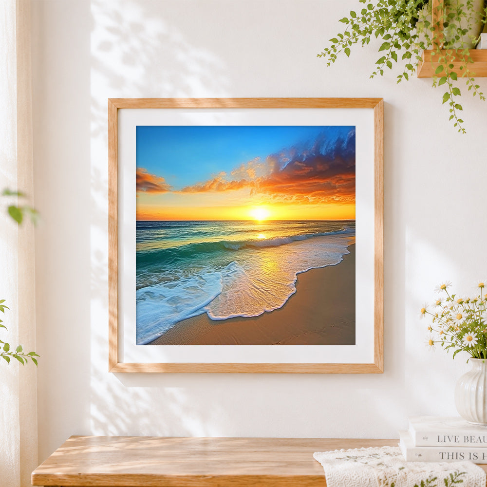 Finished white waves at sunset cross stitch artwork displayed