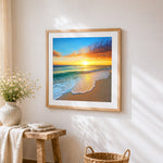 White waves at sunset cross stitch artwork displayed on wall as home decor