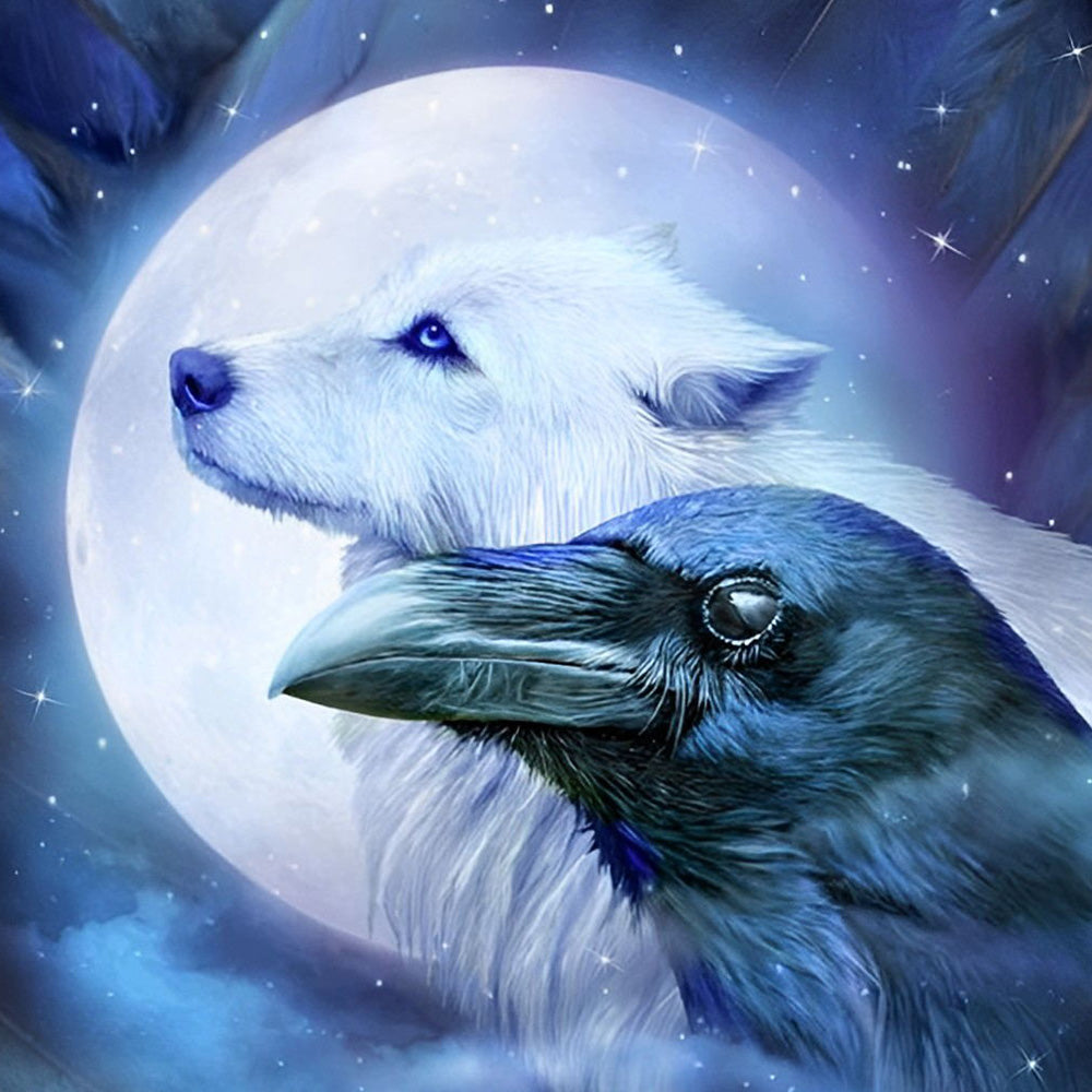 White wolf and raven under a full moon cross stitch kit for beginners