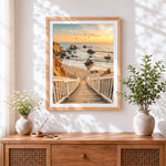 Finished white wooden steps to the beach cross stitch artwork displayed