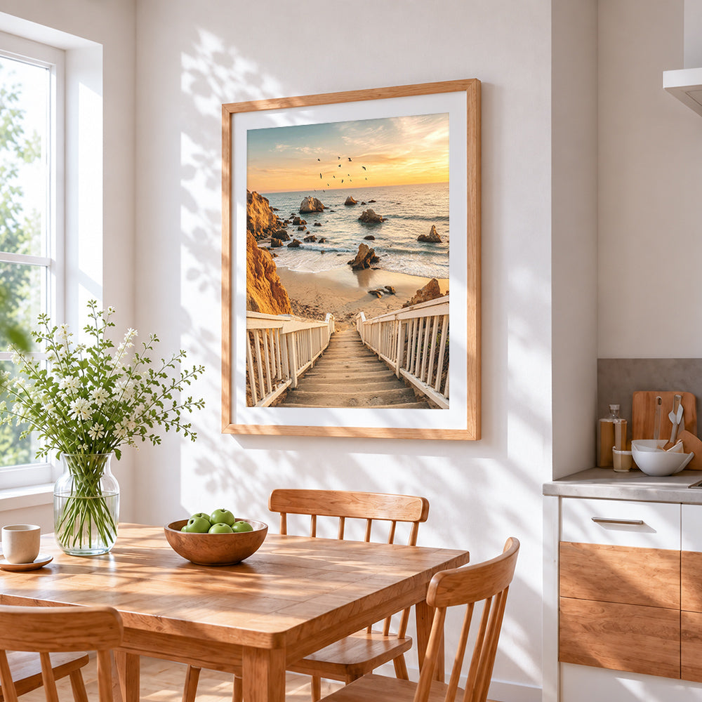 White wooden steps to the beach cross stitch artwork displayed on wall as home decor