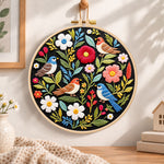 Wild birds and mixed flowers embroidery hoop wall art displayed as warm and cosy handmade home decor