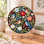 Wild birds and mixed flowers embroidery kit finished hoop displayed on a wooden stand as cosy tabletop decor