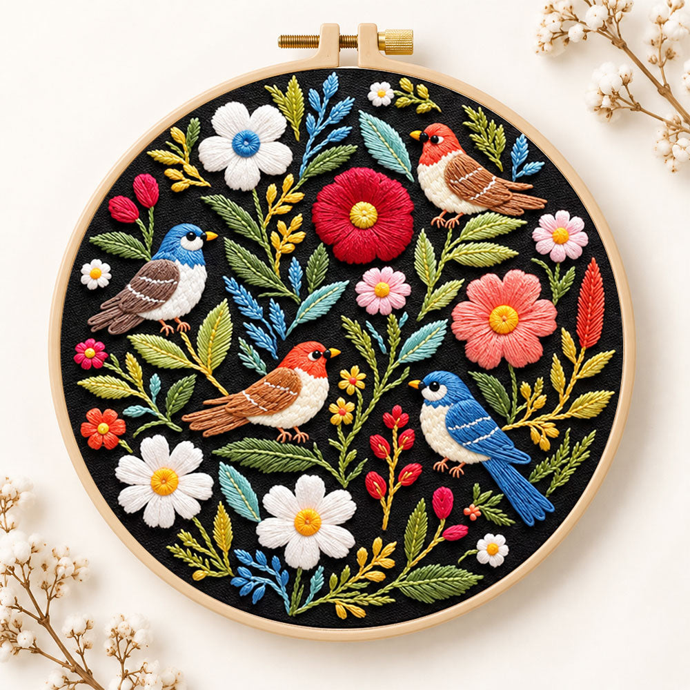 Wild birds and mixed flowers embroidery kit