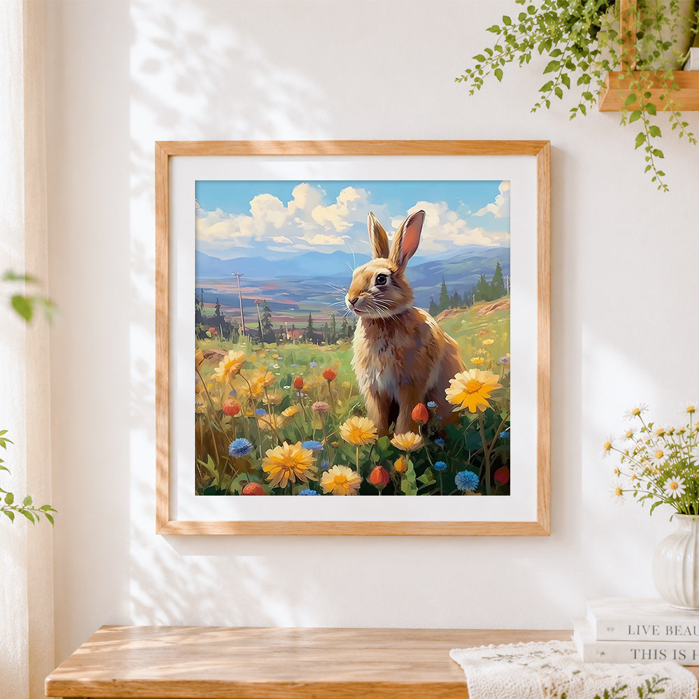 Finished wild hare in a mountain meadow cross stitch artwork displayed