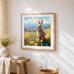 Wild hare in a mountain meadow cross stitch artwork displayed on wall as home decor