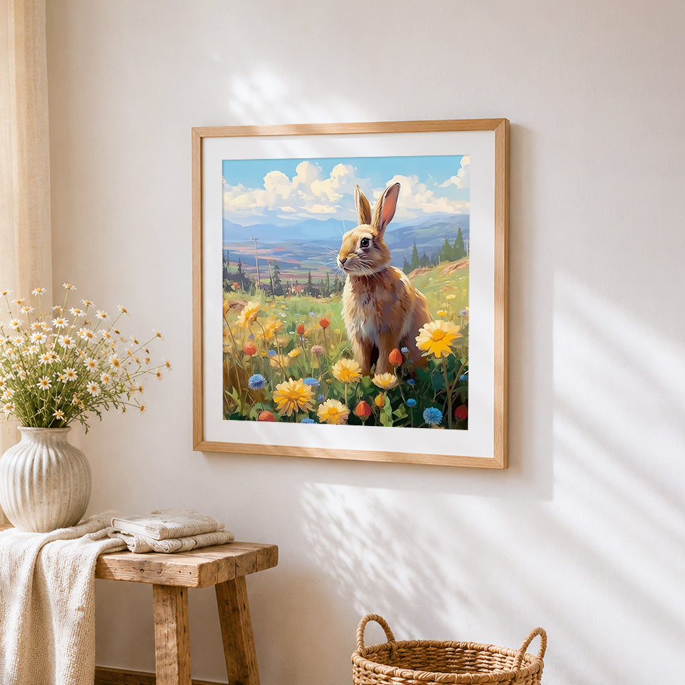 Wild hare in a mountain meadow cross stitch artwork displayed on wall as home decor