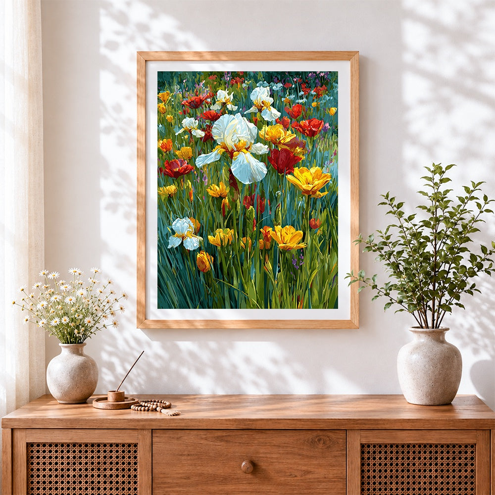 Finished wild irises and poppies cross stitch artwork displayed