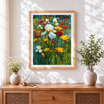 Finished wild irises and poppies cross stitch artwork displayed