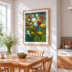 Wild irises and poppies cross stitch artwork displayed on wall as home decor