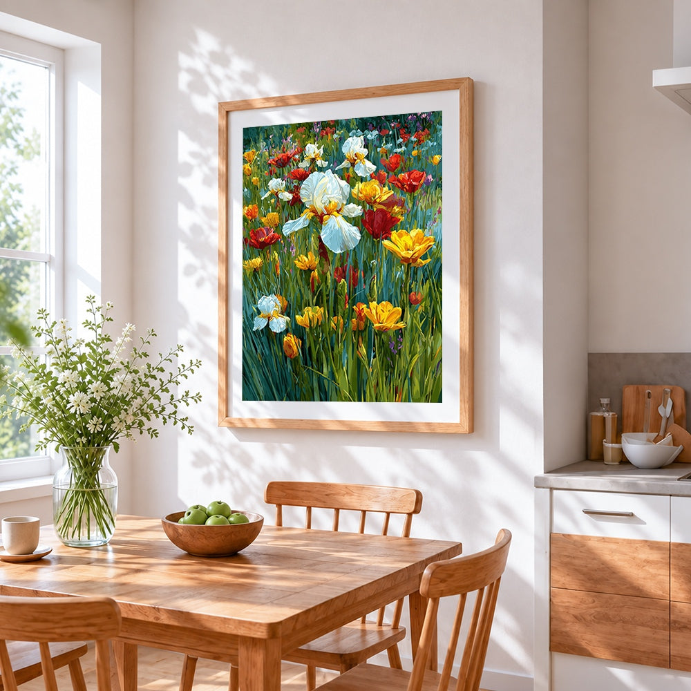 Wild irises and poppies cross stitch artwork displayed on wall as home decor