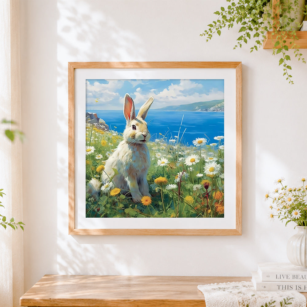 Finished wild rabbit in a coastal daisy field cross stitch artwork displayed