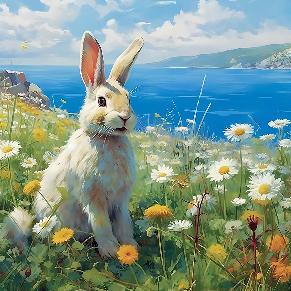 Wild rabbit in a coastal daisy field cross stitch kit for beginners