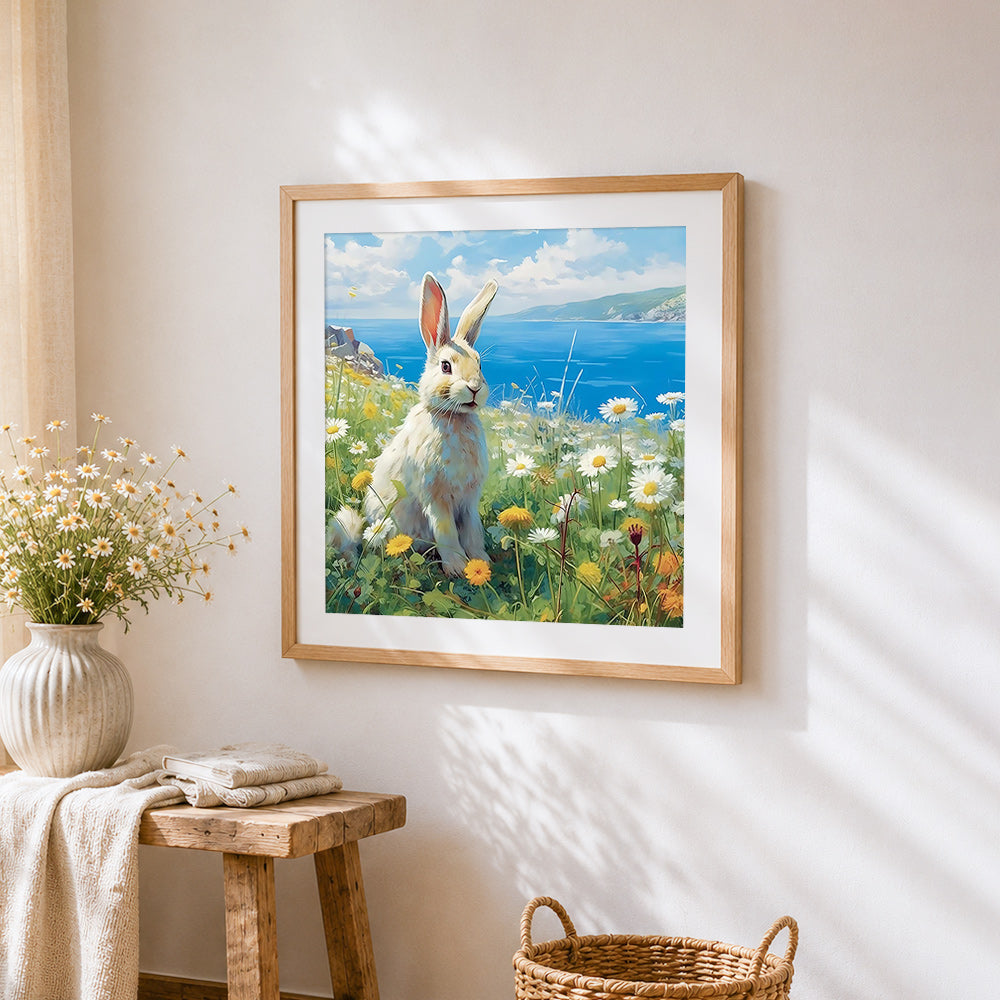 Wild rabbit in a coastal daisy field cross stitch artwork displayed on wall as home decor