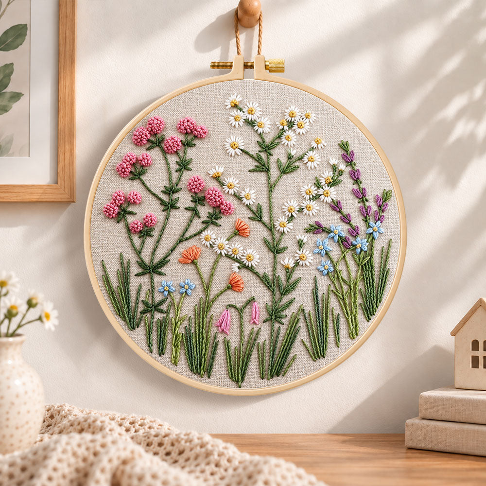 Wildflower blooms embroidery hoop wall art displayed as warm and cosy handmade home decor