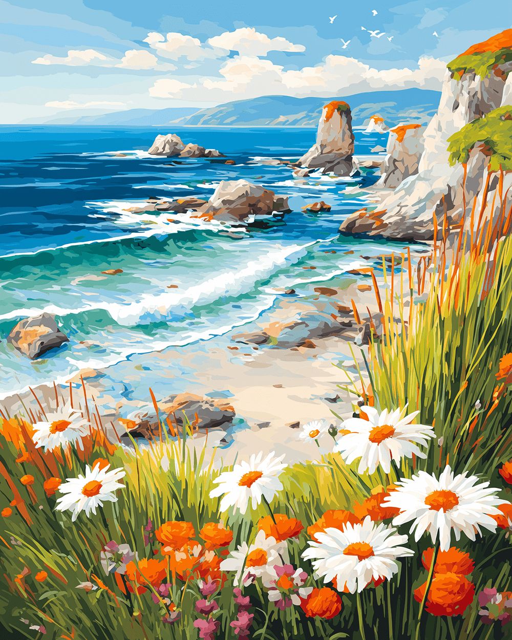 Wildflower cliffside and ocean waves cross stitch kit for beginners