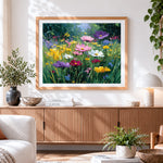 Finished wildflower garden in bloom cross stitch artwork displayed