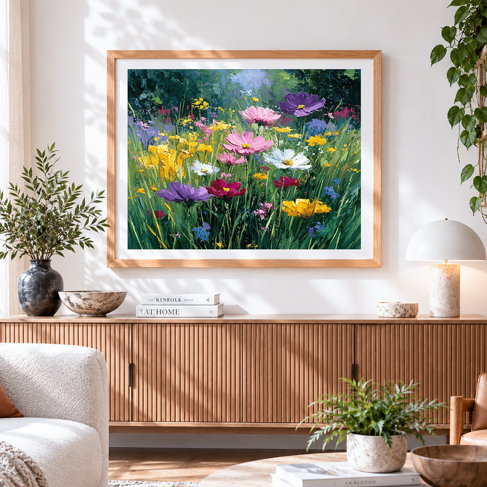 Finished wildflower garden in bloom cross stitch artwork displayed